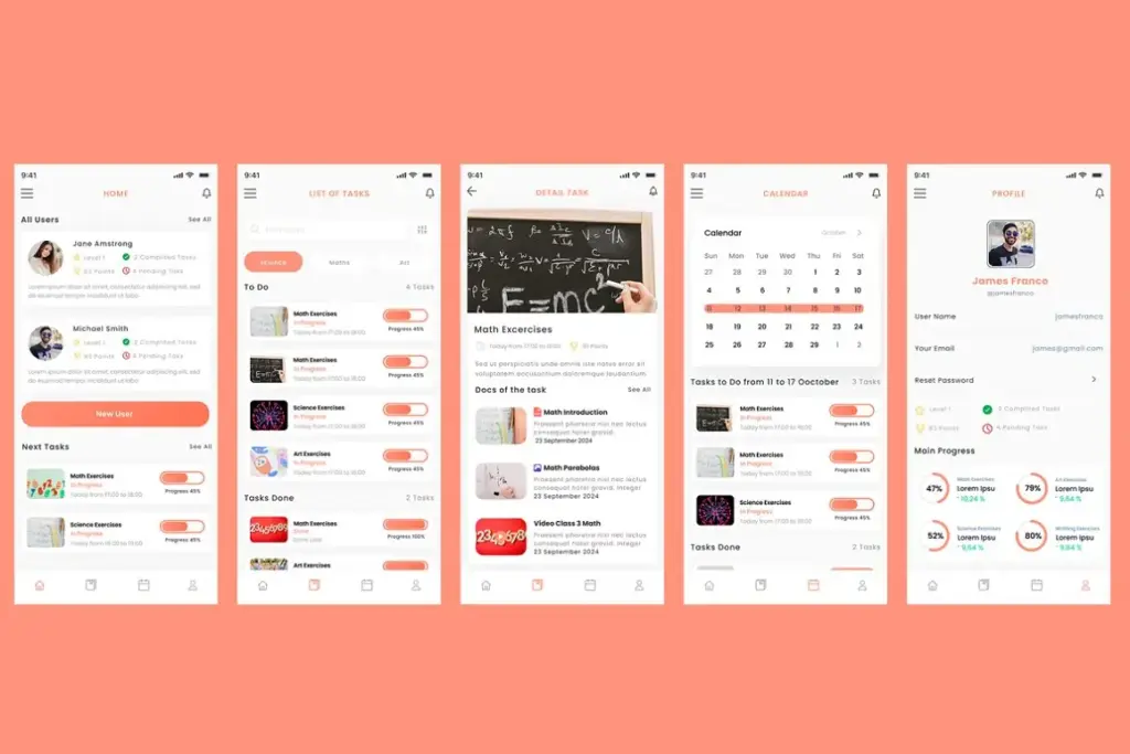 Collage of User interface of a kid's task tracking math exercise app from adobe xd mobile app ui kit