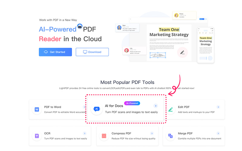 This image displays the most popular AI PDF Tools in LIghtPDF - AI PDF tools