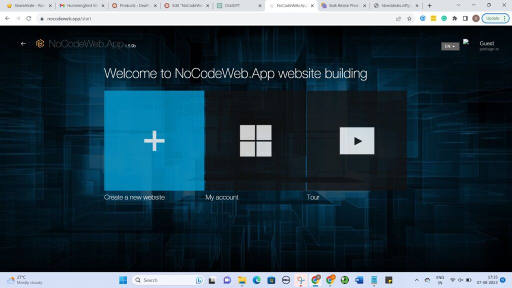 This image displays the Nocodeweb dashboard