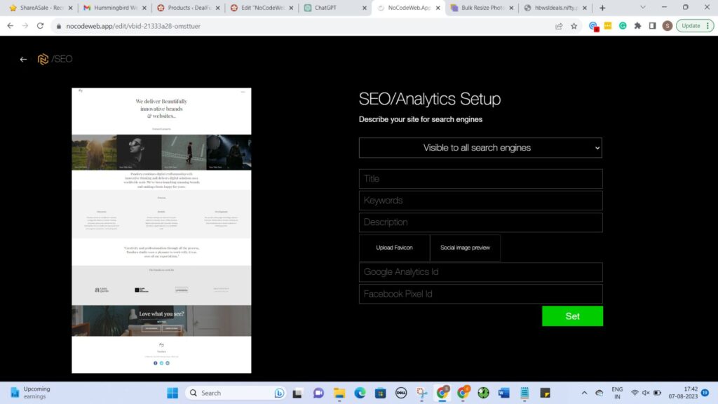 This image displays the SEo settings in NoCodeWeb