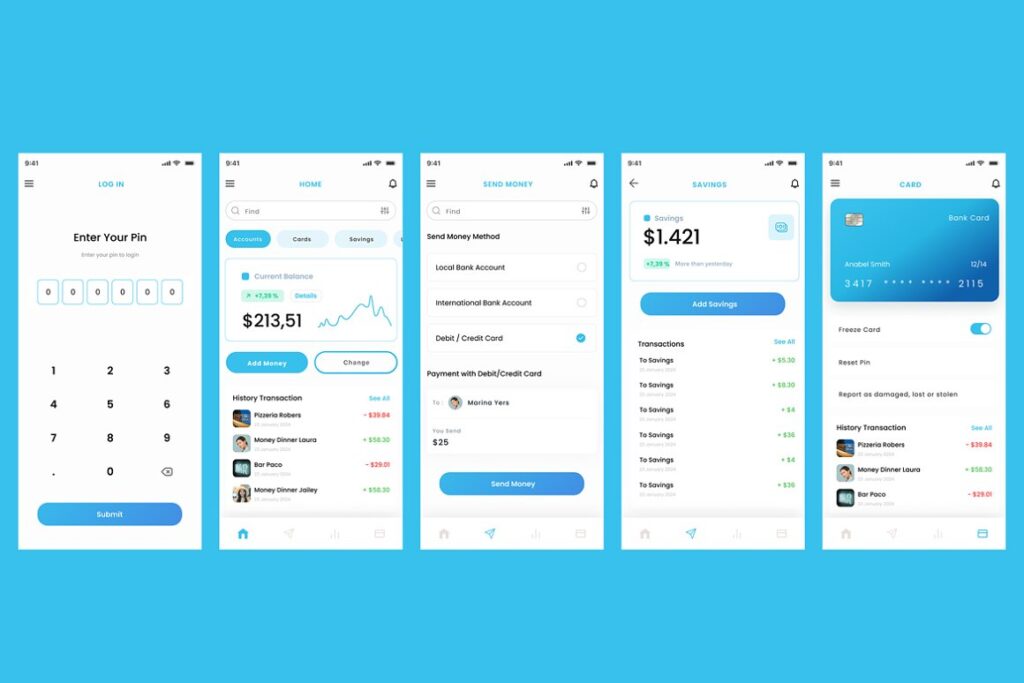 Collage of User interface of an online bank app from 21 Mobile app UI kits.