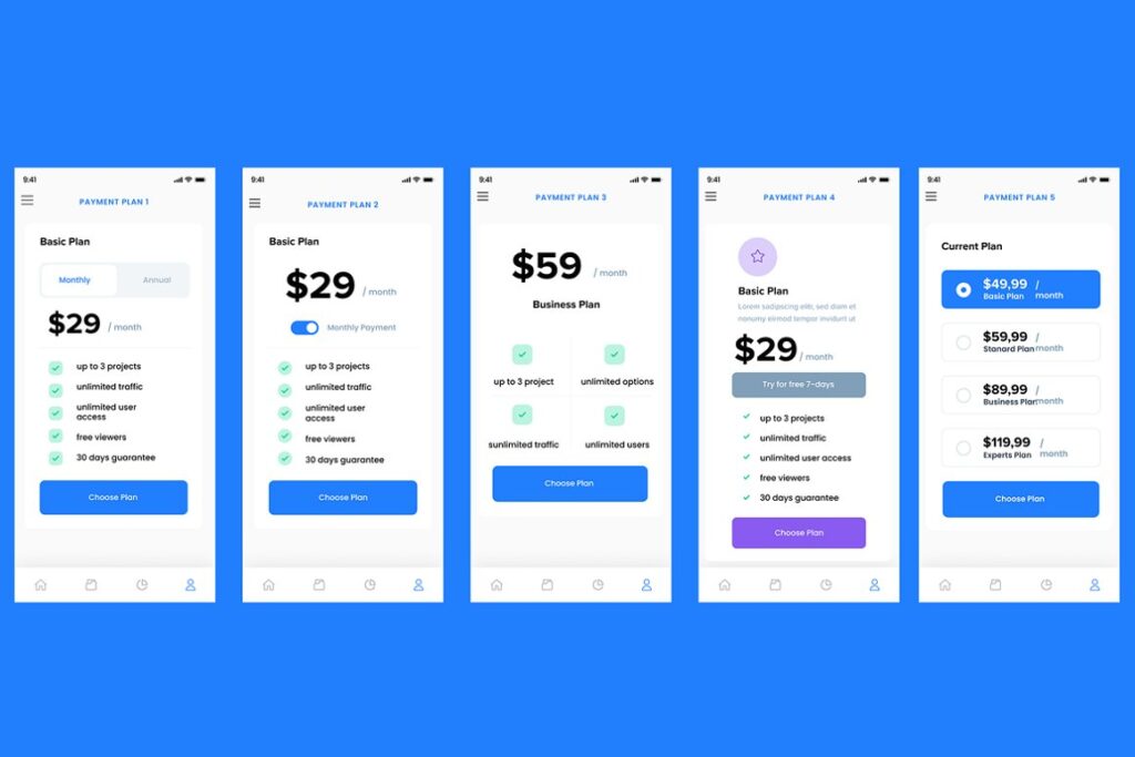 Collage of User interface of a payment plans screen app from 21 Mobile app UI kits.