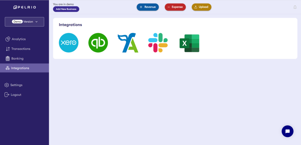 This image is displaying integration dashboard of Pelrio - cash flow software for small business