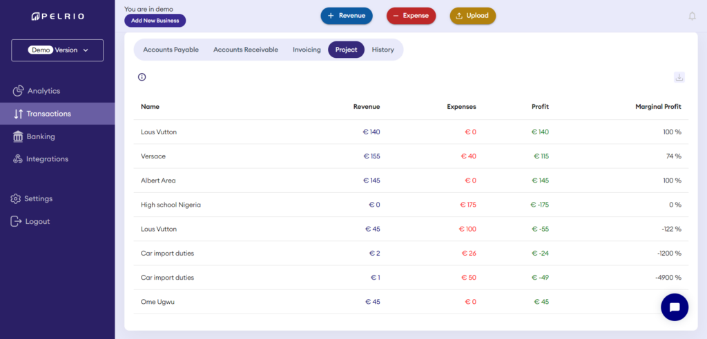 This image is displaying project transactions
