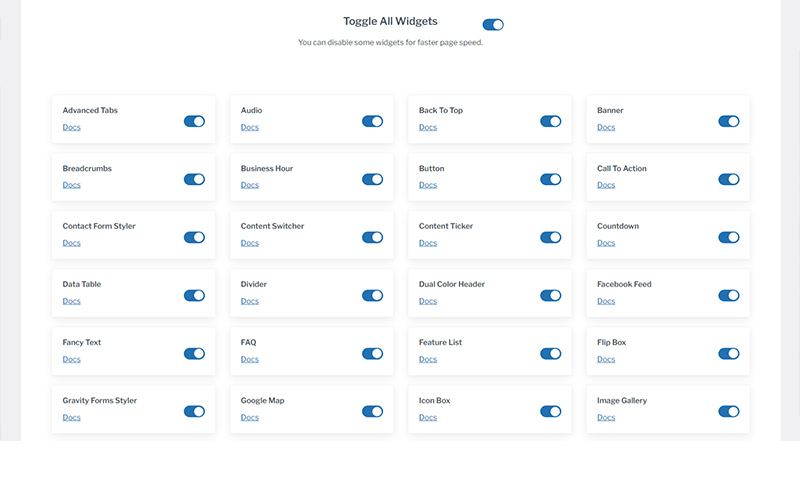 This image is displaying the Toggle widgets option in responsive pro