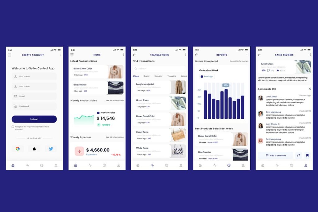 Collage of User interface of a sales report app from 21 Mobile app UI kits.