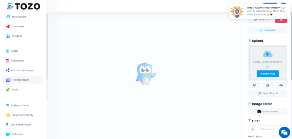 This image is displaying the file manager interface of Tozo- the best social media scheduling tool