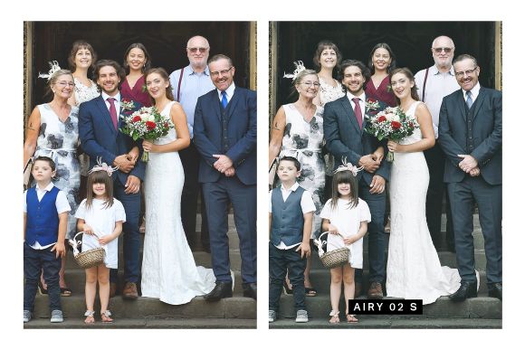 Collage of two images of before and after the preset was applied, the image is a newly wedded couple with their family.