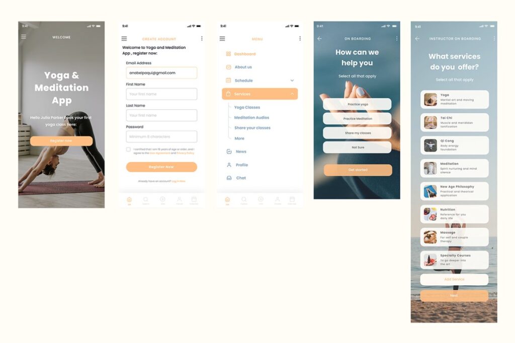 Collage of User interface of a yoga class app from 21 Mobile app UI kits.