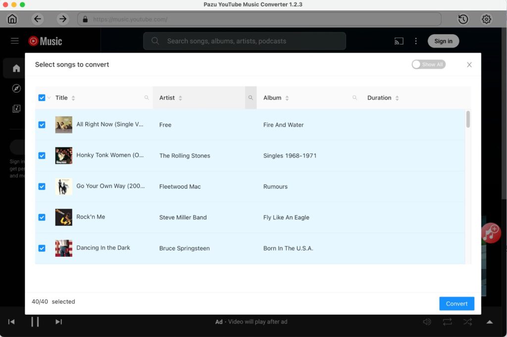Image of pazu YouTube music converter song selection page.