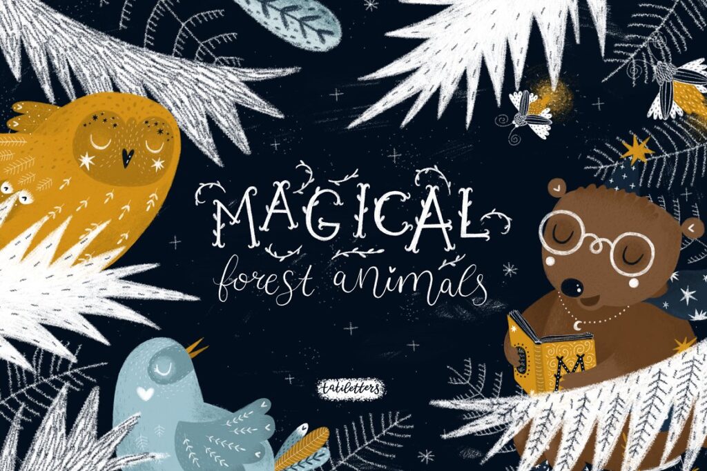 Magical forest animals illustration and pattern