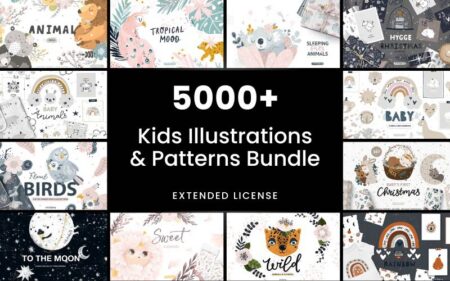 Feature image of 5000+ kid's illustrations and patterns bundle