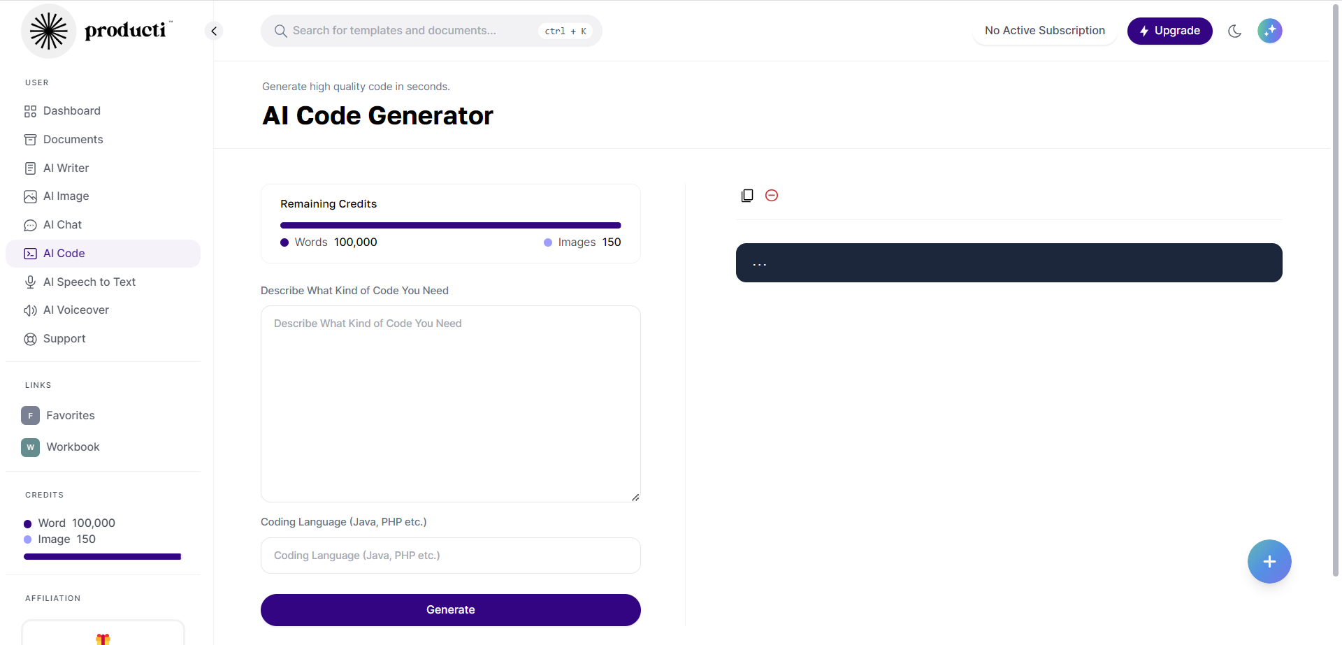 Producti AI Code Generator UI