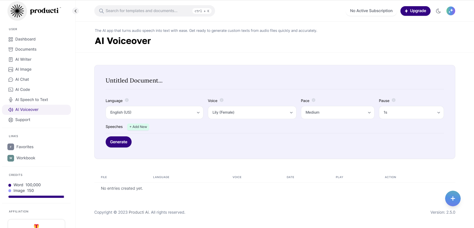 Producti AI Voiceover UI