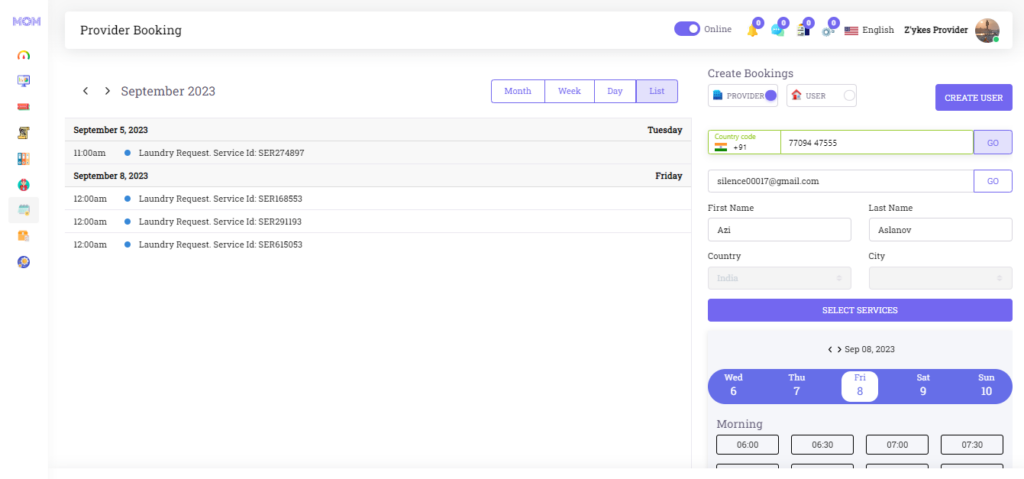 This image is displaying the booking panel interface of MOM - best booking software for small business