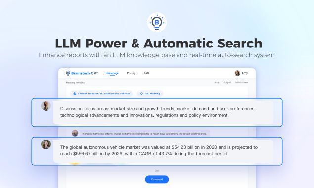 Image displaying Brainstorm GPT's LLM and Automatic search feature.