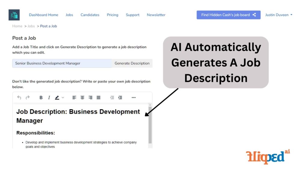 Flipped.ai displaying automatic job description generation feature