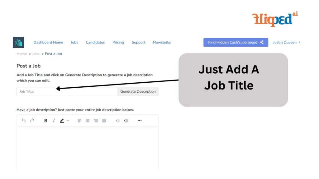 Flipped.ai's Post a job feature displaying Job title and job description