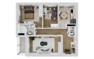 Fully furnished 3D render of a house created with floor layout generator