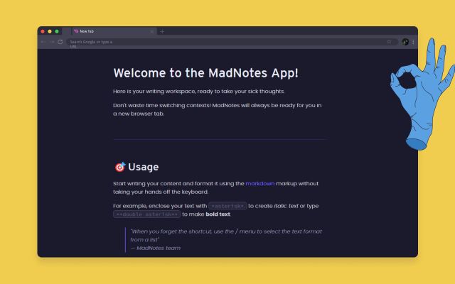 Browser tab displaying welcome text for MadNotes pro.