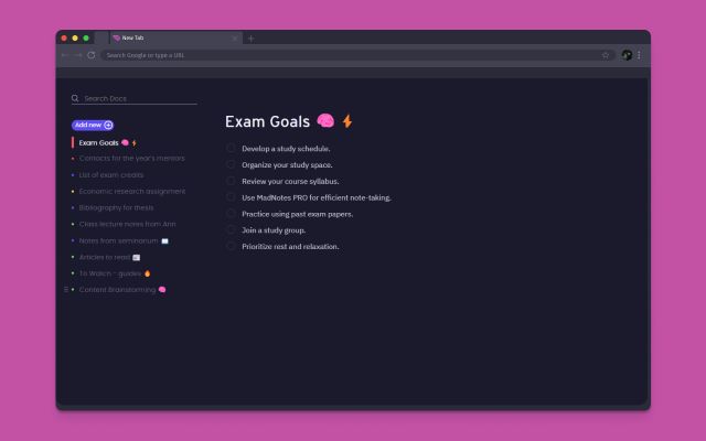 MadNotes PRO UI displaying notes of exam goals.