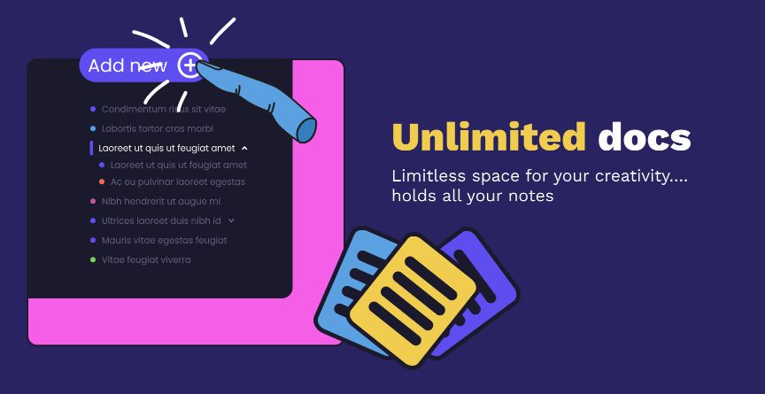 Madnotes PRO user interface displaying unlimited documents addition feature
