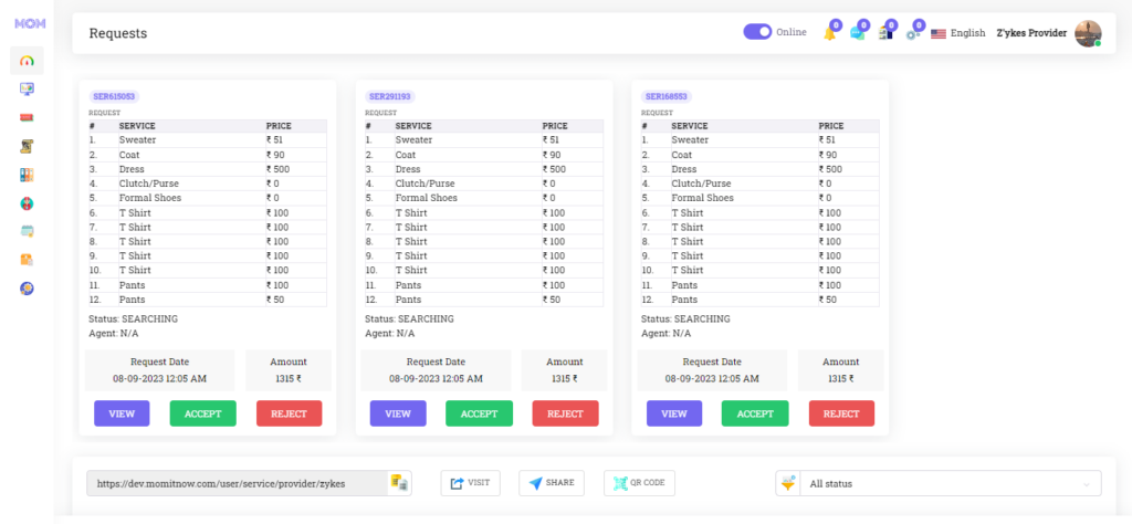 This image is displaying the order dashboard of MOM - ai booking system