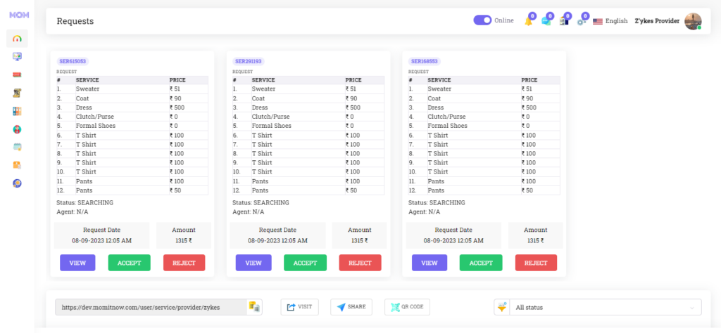 This image is displaying the order dashboard of MOM