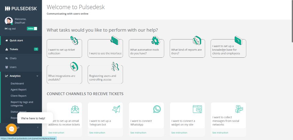 Pulsedesk Quick start user interface