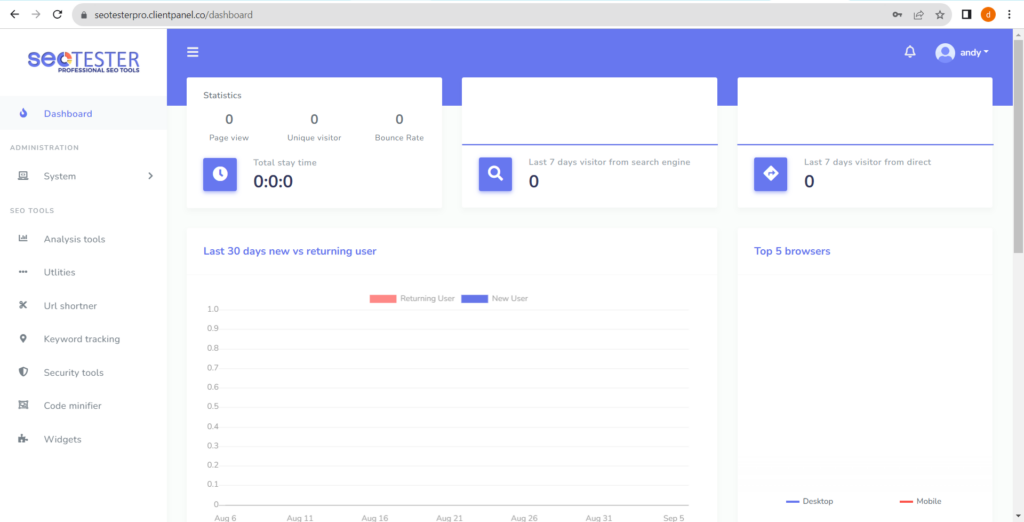 SEO tester dashboard user interface