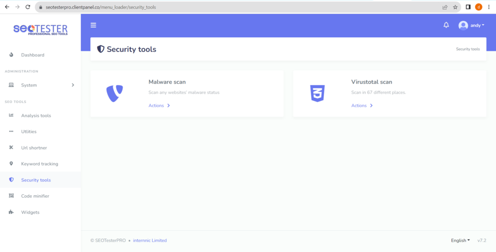 SEO tester security tools user interface.