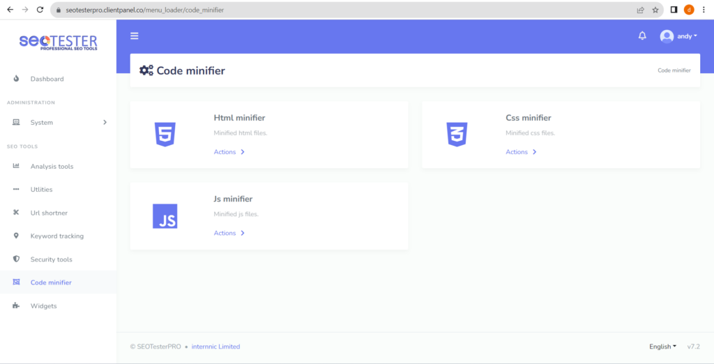 SEO tester code minifier user interface