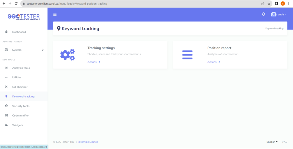 SEO tester keyword tracking user interface.