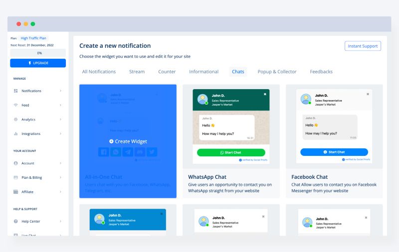 Chat widget in notification option of social proofy