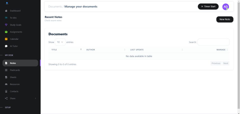 Notes user interface in study planr - AI productivity Tool displaying recent notes.