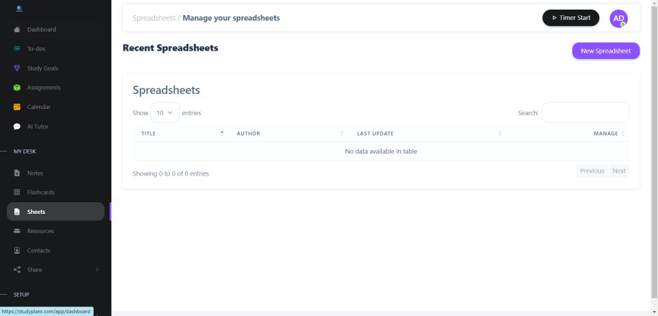 Spreadsheet user interface of study Planr