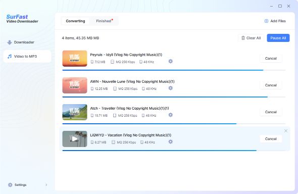 SurFast user interface displaying list of videos downloading.