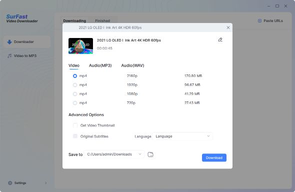 Video downloading Interface of SurFast displaying downloading format and quality.