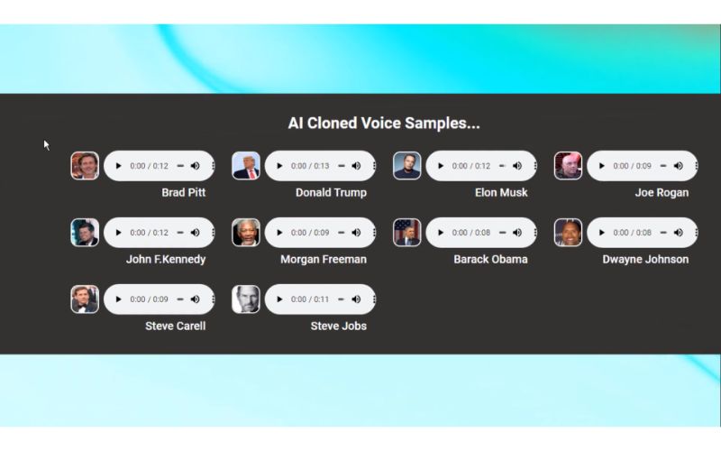 AI cloned voice samples of famous personalities in Voicelym- Text-To-Speech & Voice Cloning Tool