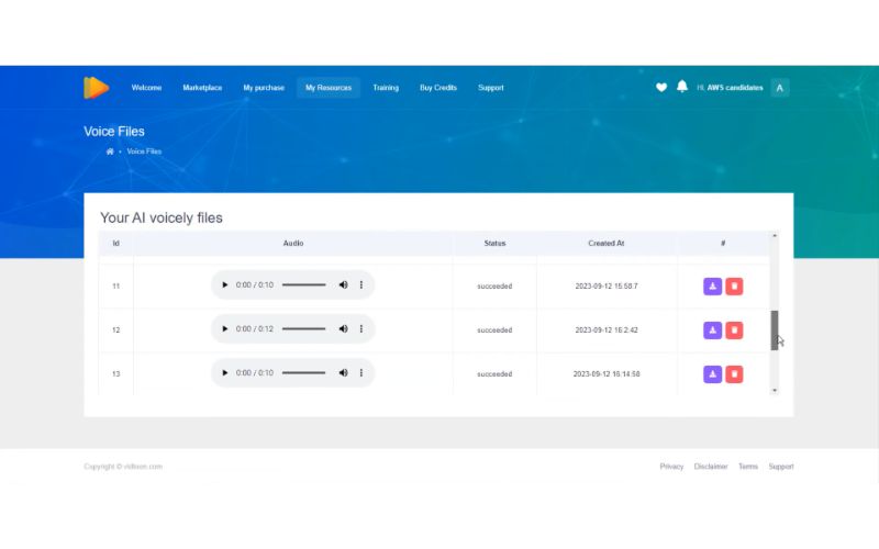 User interface of voice files in voicely - Text-To-Speech & Voice Cloning Tool