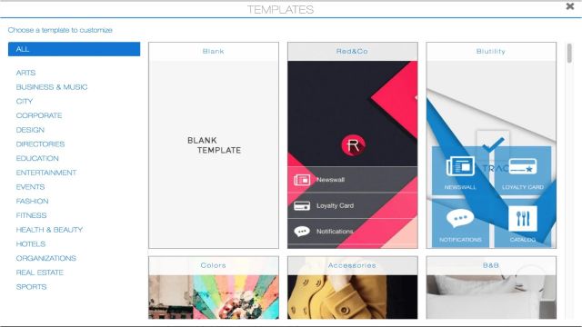 Template options in Webimize displaying different template categories