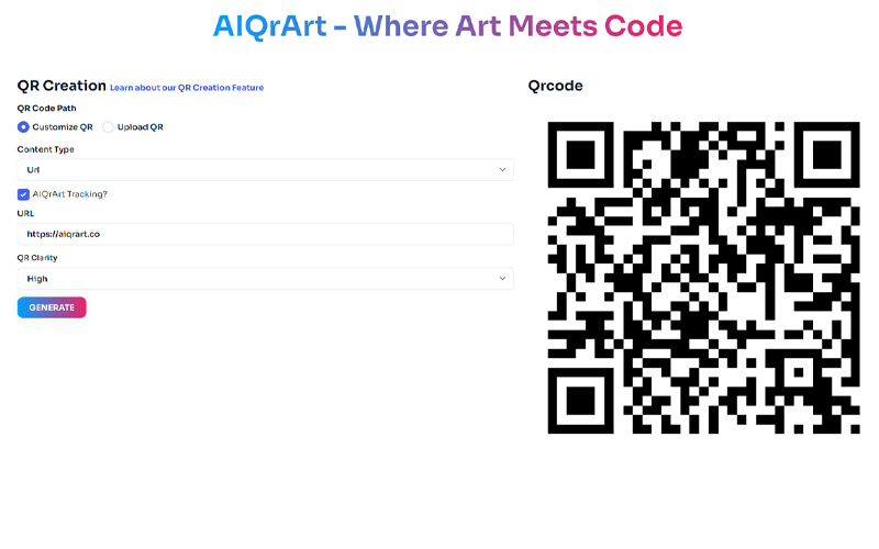 QR code creation page of AiQRArt displaying a QR Code.