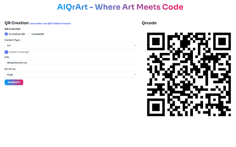 QR code creation page of AiQRArt - artistic qr code generator displaying a QR Code.