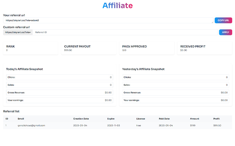 Affiliate page user interface of AiQRArt.