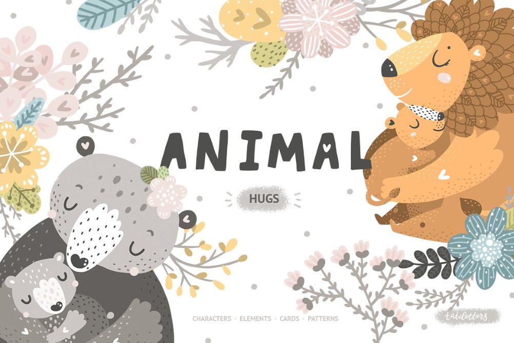 Animal hugs illustration and pattern