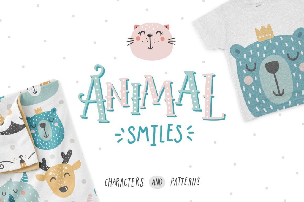 Animal smiles illustrations and pattern bundle