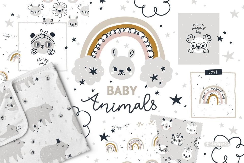 Baby animals illustration and pattern bundle