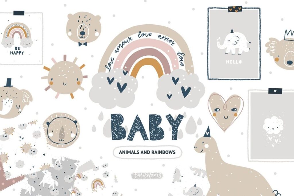 Animated animals and babies illustration and pattern bundle