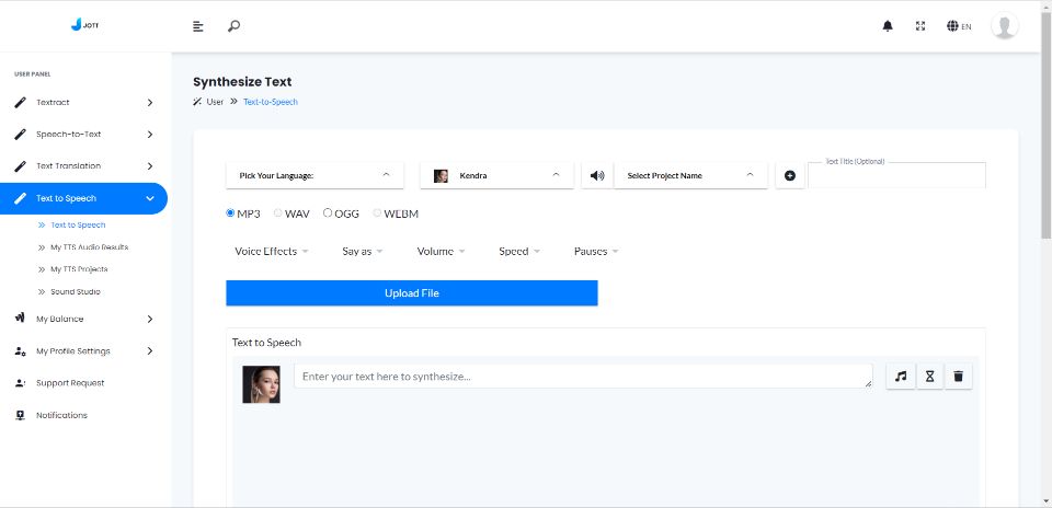 Jot AI text to speech toolkit's text to speech user interface.