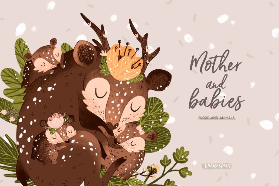 Animated mother and baby animals sleeping illustration and pattern